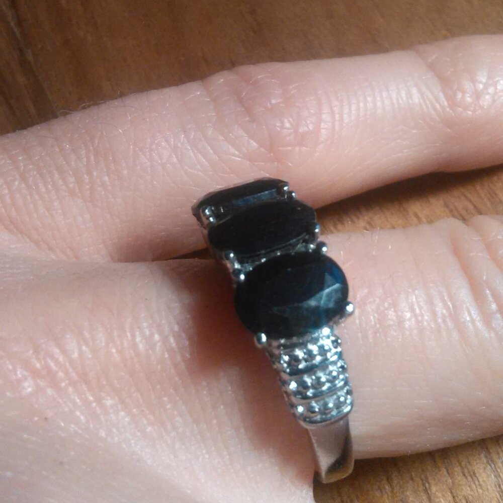 Midnight Sapphire Three Stone Stainless Steel Ring (Size 7) - Picture 2 of 14